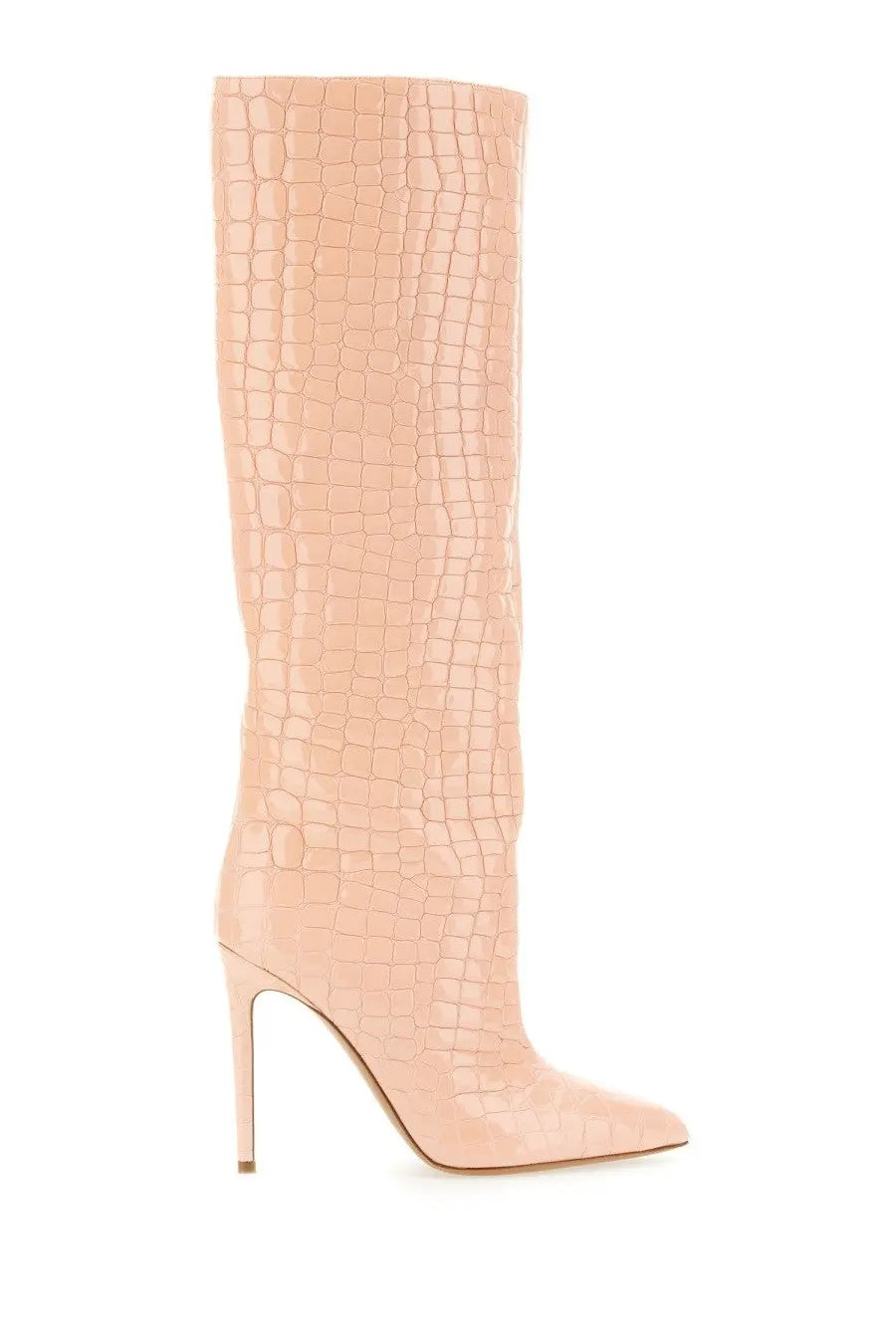 Paris Texas women’s leather knee-high boot in blush pink with glossy crocodile-embossed finish and stiletto heel
