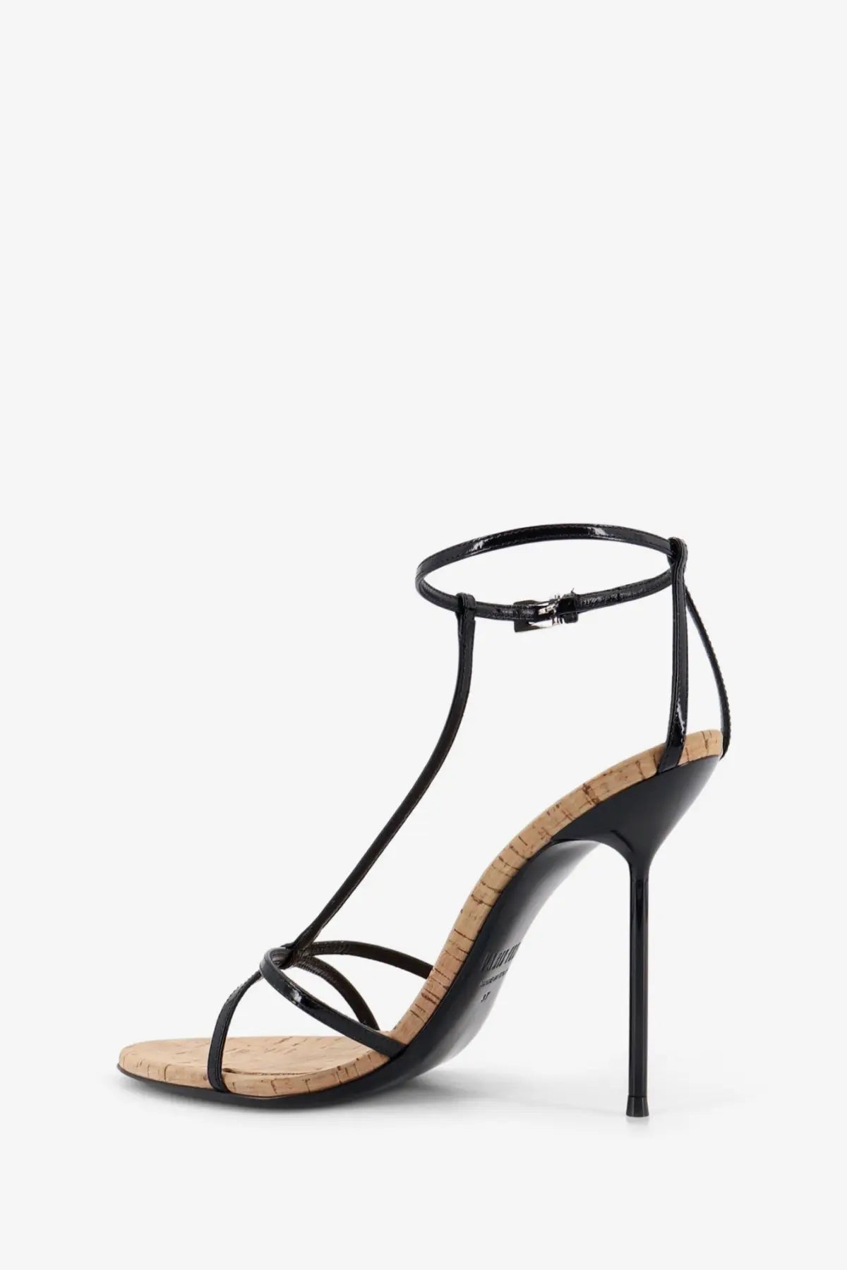 Paris Texas women’s Lidia black patent leather strappy high heel sandal with cork insole and sole