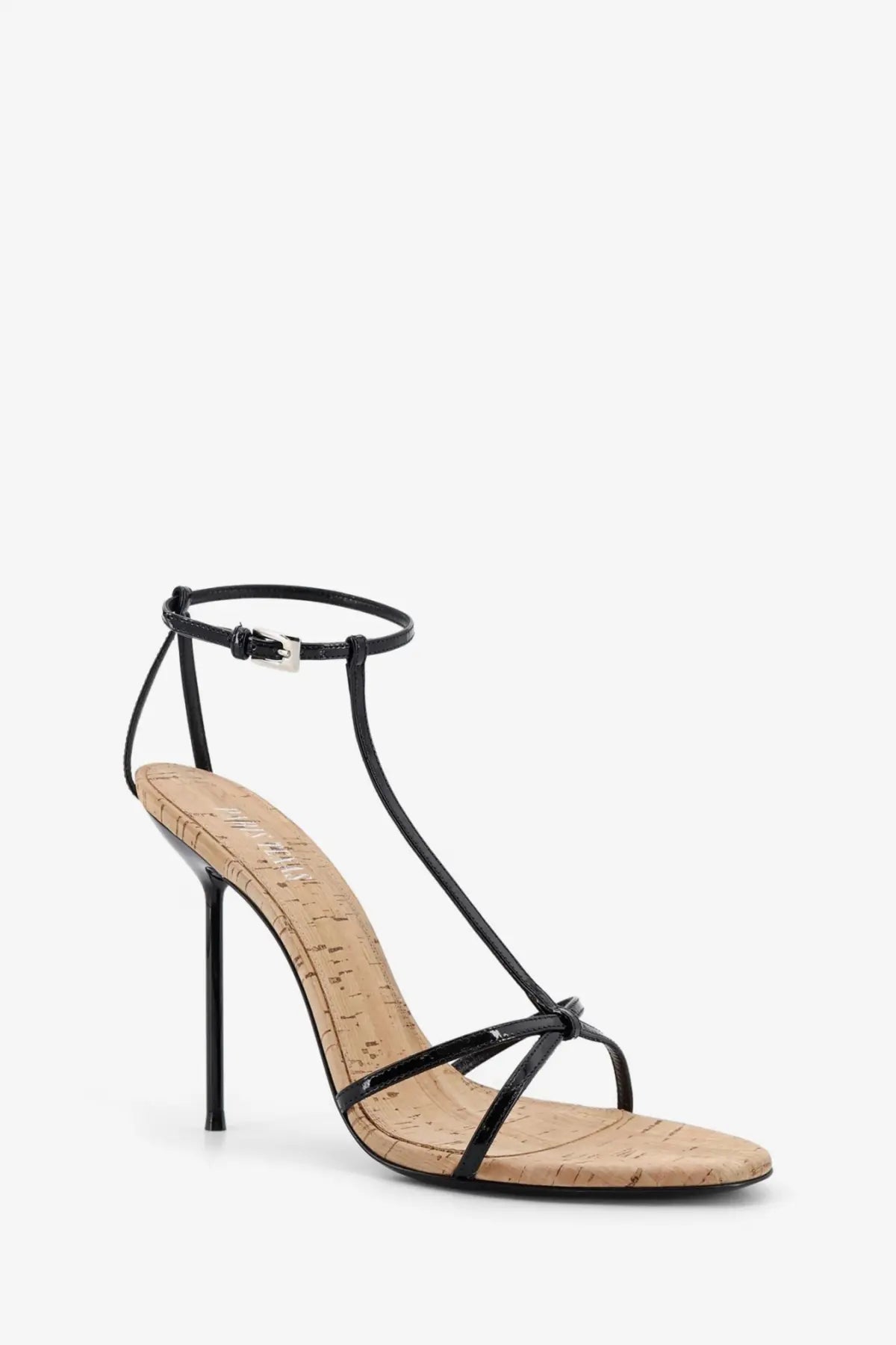 Black patent leather strappy high heel sandal with cork insole and slender stiletto heel by Paris Texas