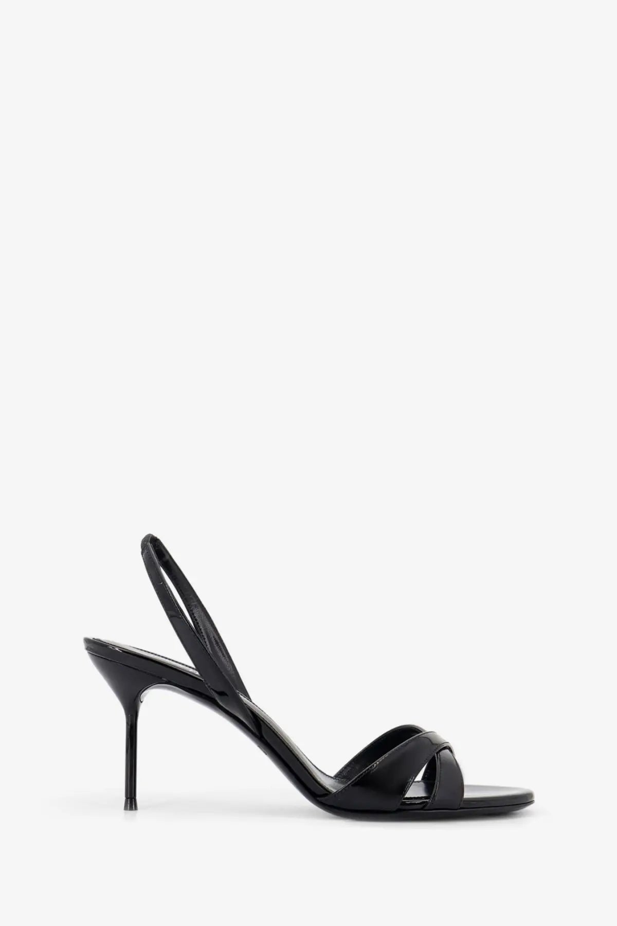 Paris Texas women’s Lidia black patent leather sandal with slender high heel and strappy design front view