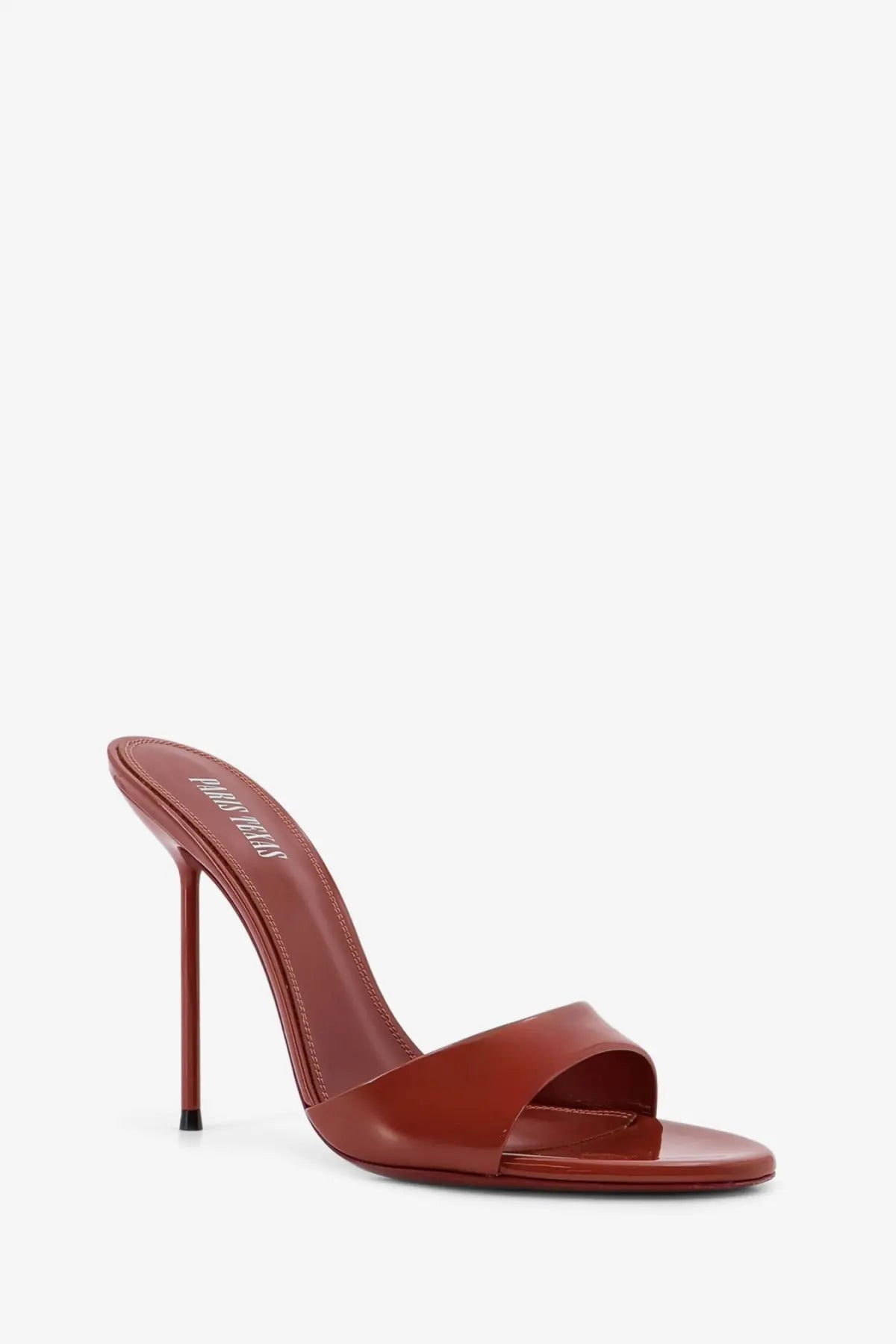 Brown leather mule sandal with high stiletto heel and minimalist design in paris texas womens lidia patent leather pink