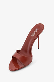 Paris Texas women’s Lidia patent leather sandals in sleek rust color with a high heel and minimalist design