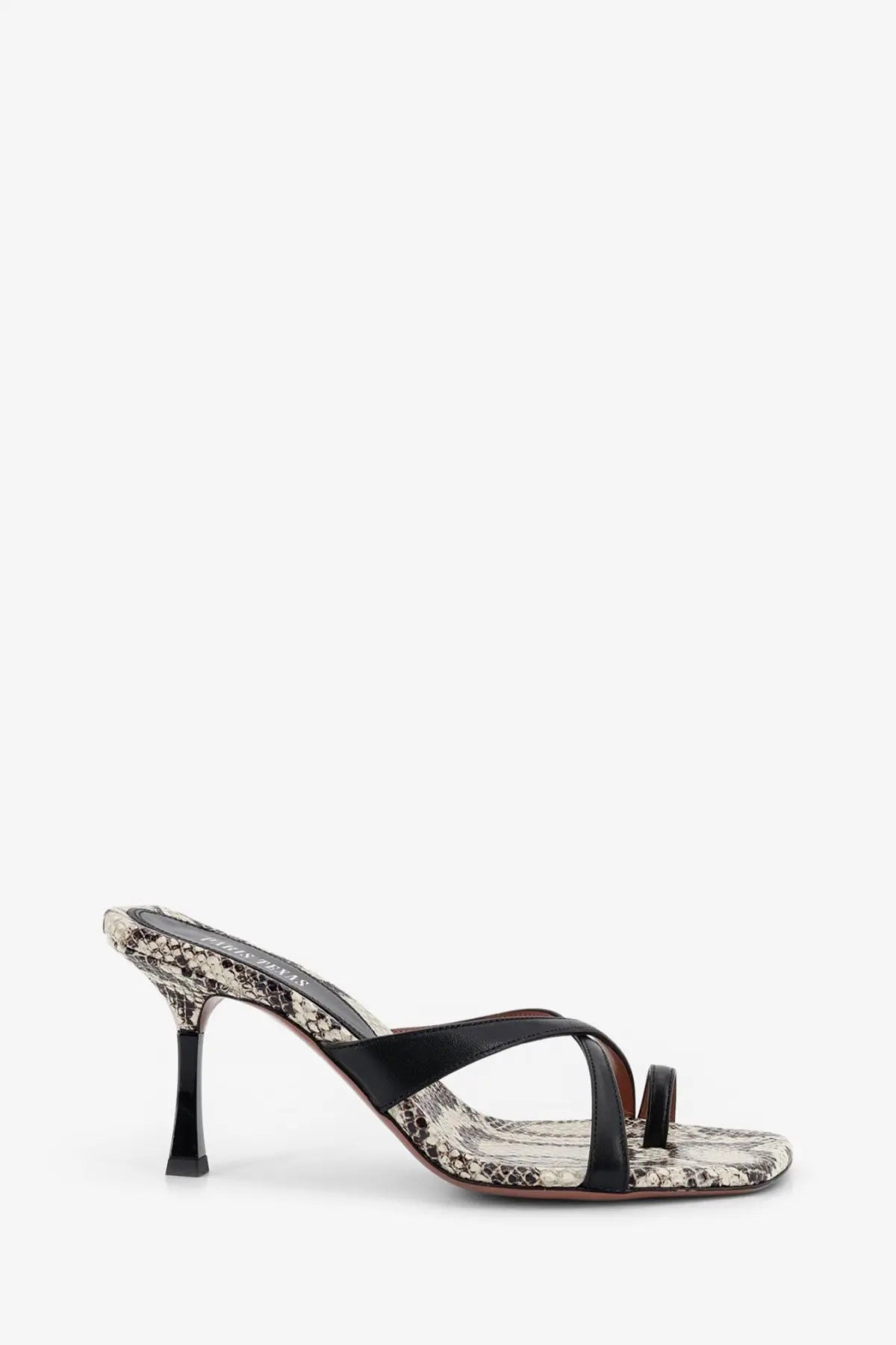 Black and beige snake print leather mule sandal with slender heel from paris texas womens lorena leather sandals black