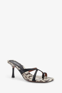 Black and beige snake-print leather mule sandal with slender heel from paris texas women’s lorena collection