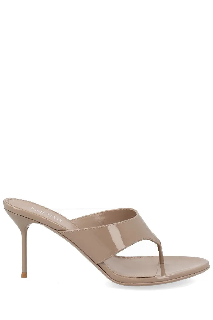 Beige patent leather thong sandal with a slender high heel from paris texas womens mule con tacco lidia collection