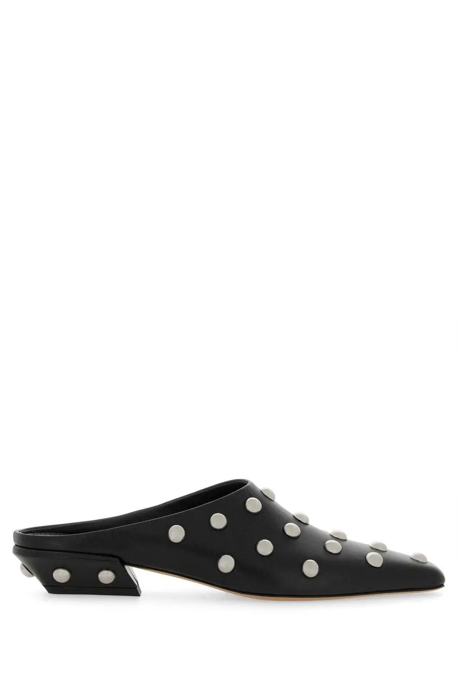 Paris Texas women’s black leather mule sandal with silver studs along the toe and heel