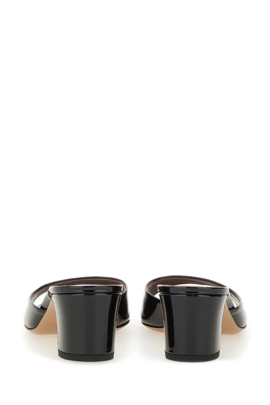 Paris Texas women’s sandalo lara black patent leather mules with a glossy finish and block heels