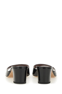 Paris Texas women’s sandalo lara black patent leather mules with a glossy finish and block heels