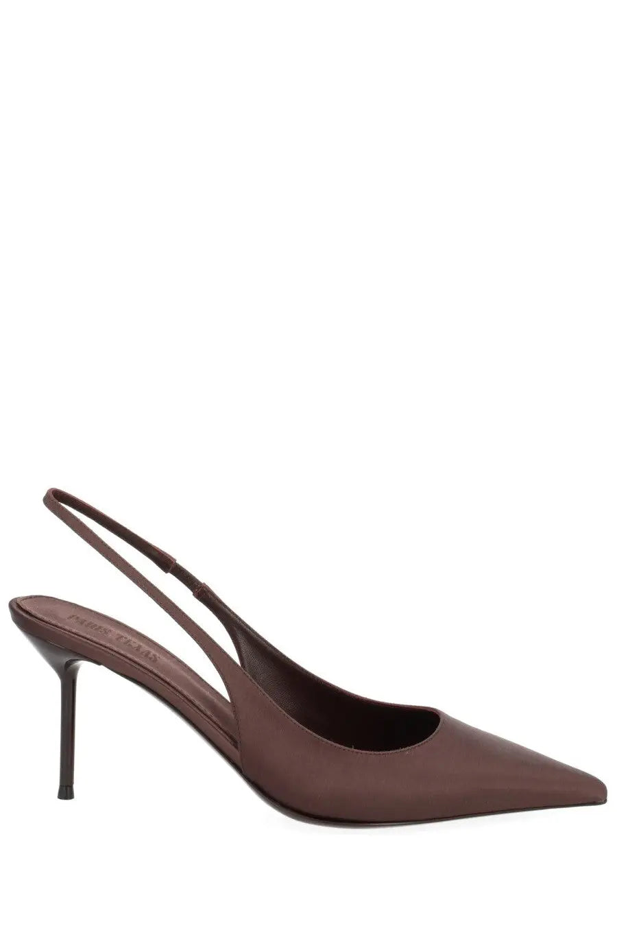 Brown satin slingback pump with slender stiletto heel from Paris Texas women’s shoe Lidia brown collection