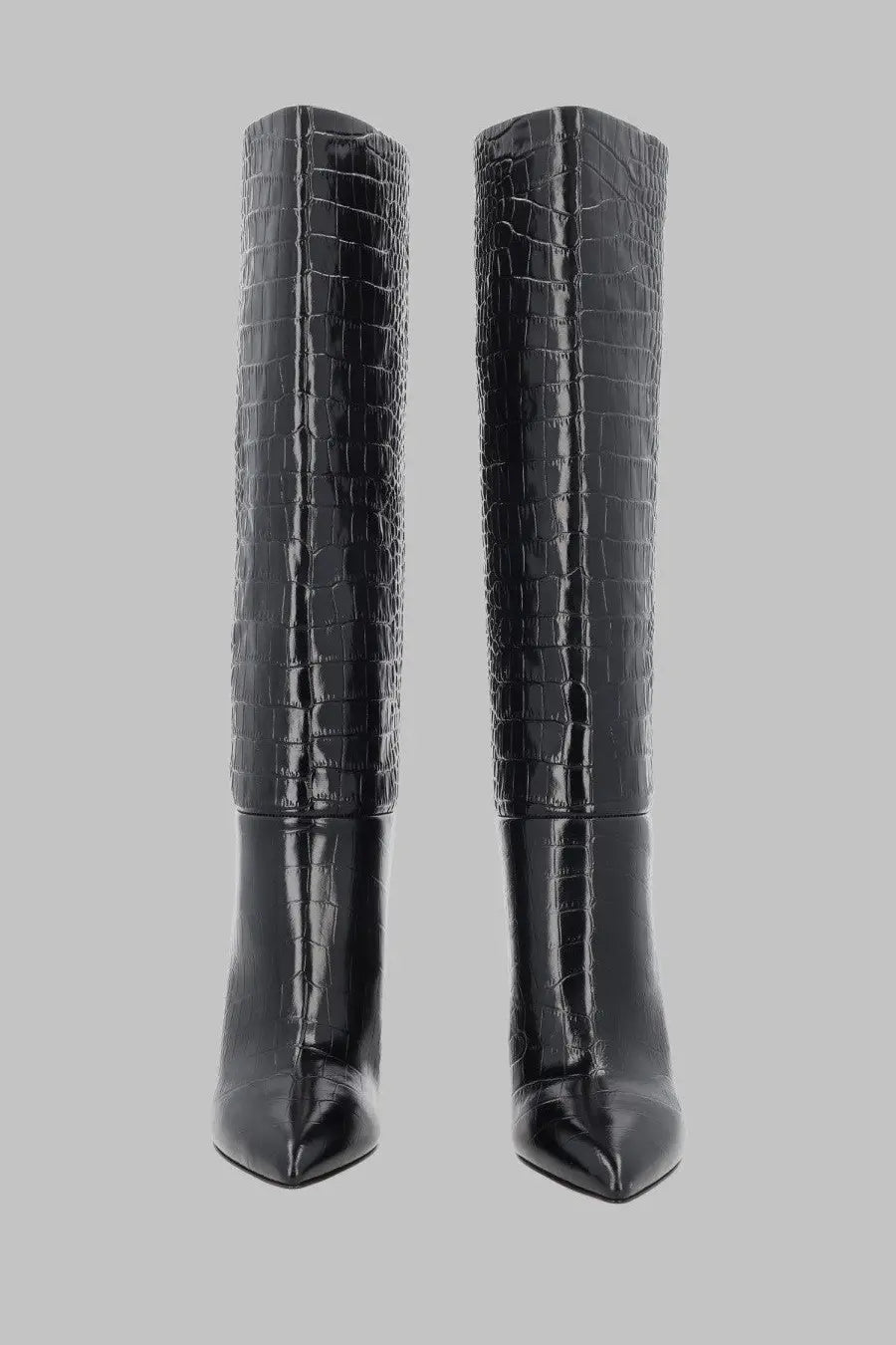Paris texas women’s stiletto boot black in black crocodile-embossed leather with glossy finish and pointed heels