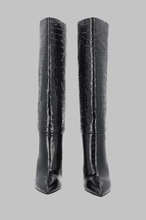Paris texas women’s stiletto boot black in black crocodile-embossed leather with glossy finish and pointed heels