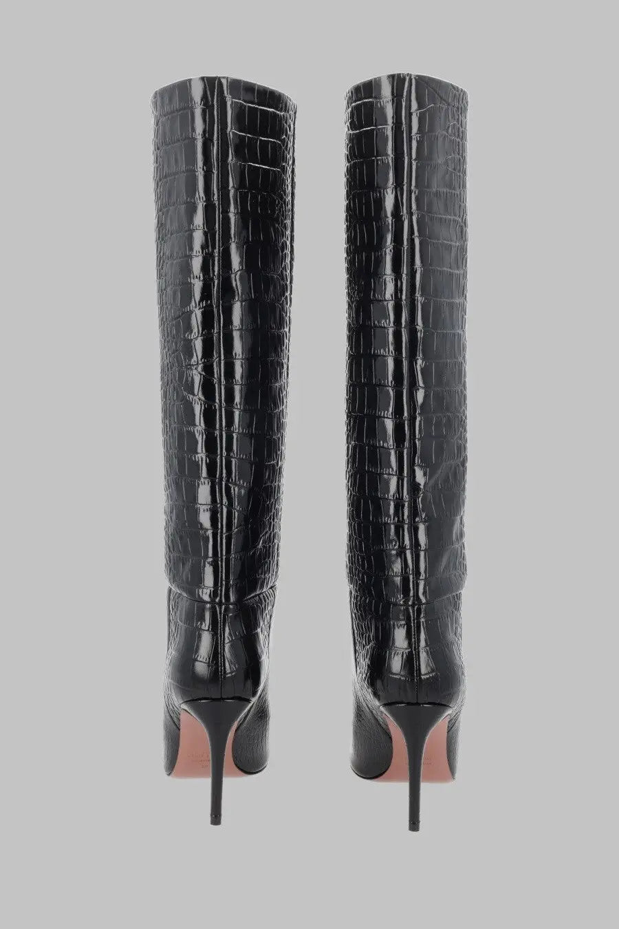 Paris Texas women’s stiletto boot black knee-high with glossy black crocodile-embossed leather and slender heels