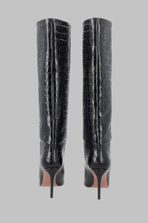 Paris Texas women’s stiletto boot black knee-high with glossy black crocodile-embossed leather and slender heels