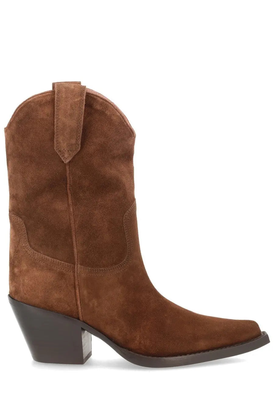 Paris Texas women’s Stivale Dakota brown brown suede cowboy boot with black block heel and stitched detailing