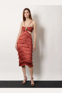 Patbo women’s amethyst fringed dress brown rust-colored tiered fringe midi dress with cut-out bodice and metallic embellishment