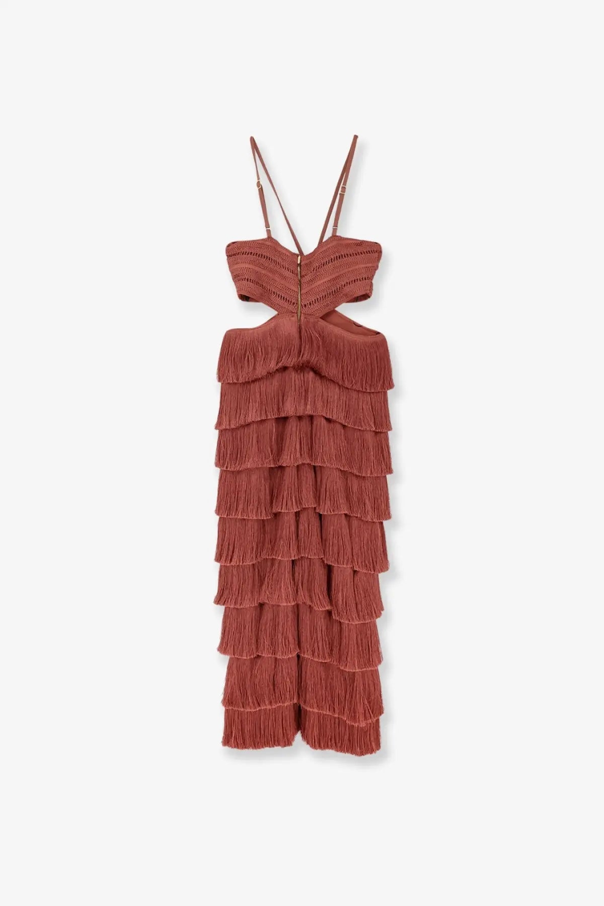 Patbo women’s amethyst fringed dress brown rust-colored tiered fringe maxi dress with cropped bodice and thin straps