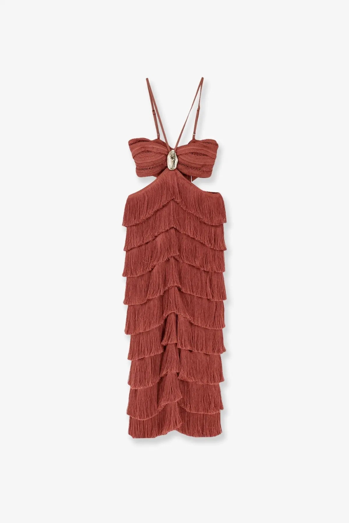 Patbo women’s amethyst fringed dress brown rust-colored tiered fringe maxi dress with thin straps and metallic bust detail