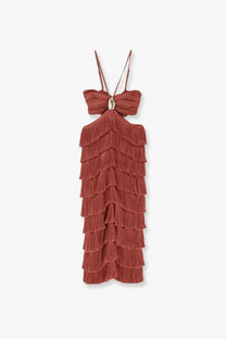 Patbo women’s amethyst fringed dress brown rust-colored tiered fringe maxi dress with thin straps and metallic bust detail