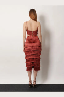 Patbo women’s amethyst fringed dress brown terracotta tiered fringe midi dress with spaghetti straps and back zipper view