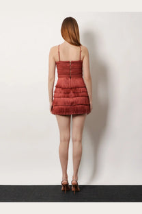 Patbo women’s asymmetrical top brown terracotta mini dress with textured bodice and tiered fringe hem