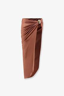 Patbo women’s golden dune rust-colored satin wrap skirt with draped front and gold-toned circular buckle