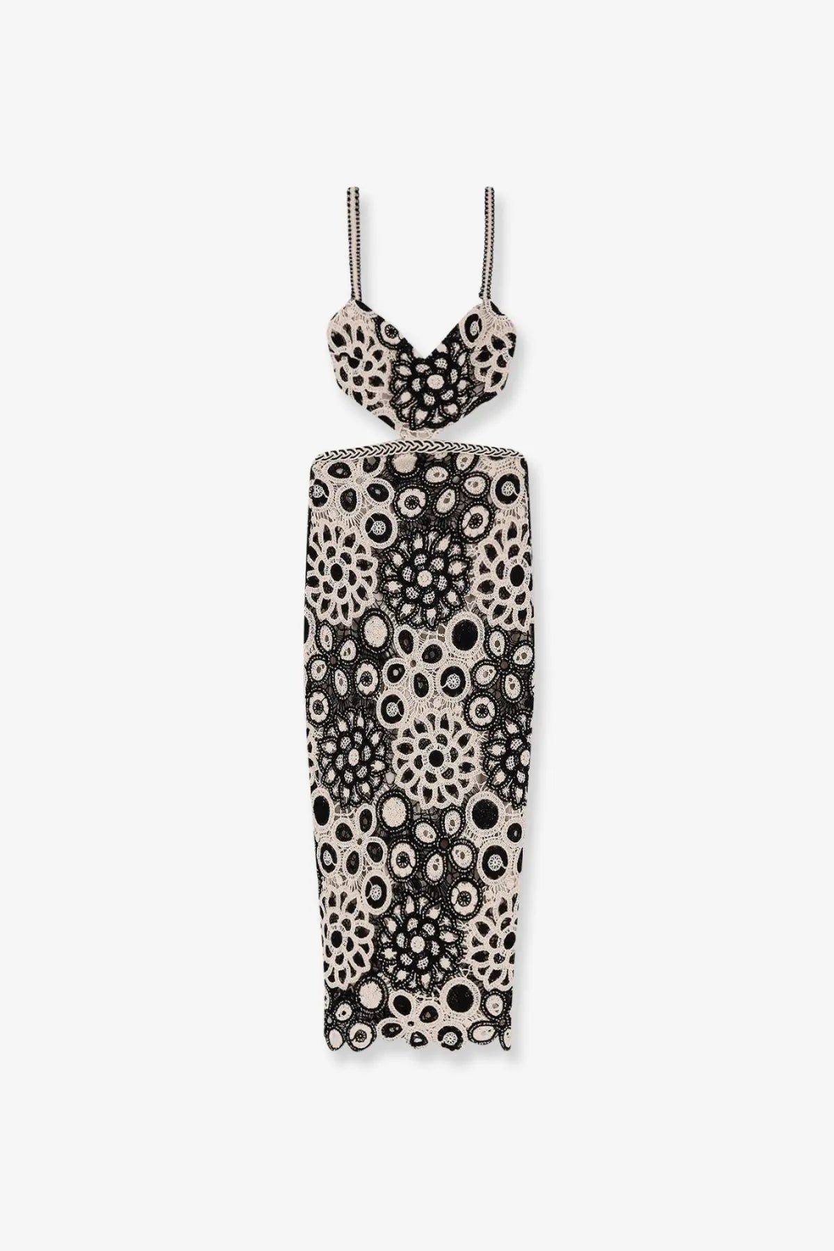 Patbo women’s long crochet dress in black and white with a fitted bodice, thin straps, and circular beaded pattern