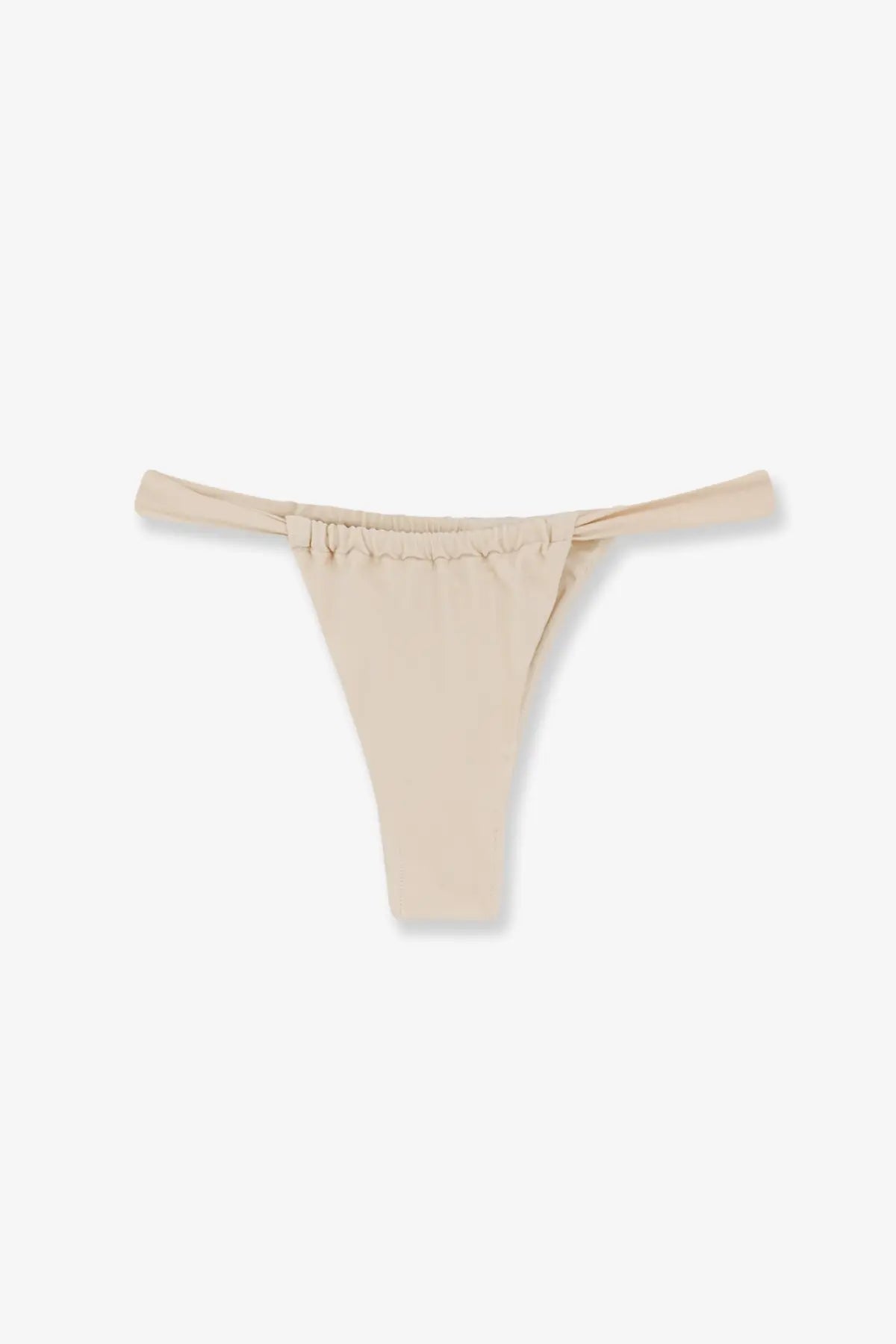 Beige patbo women’s lycra bikini bottoms with a ruched tied waistband shown from the back side