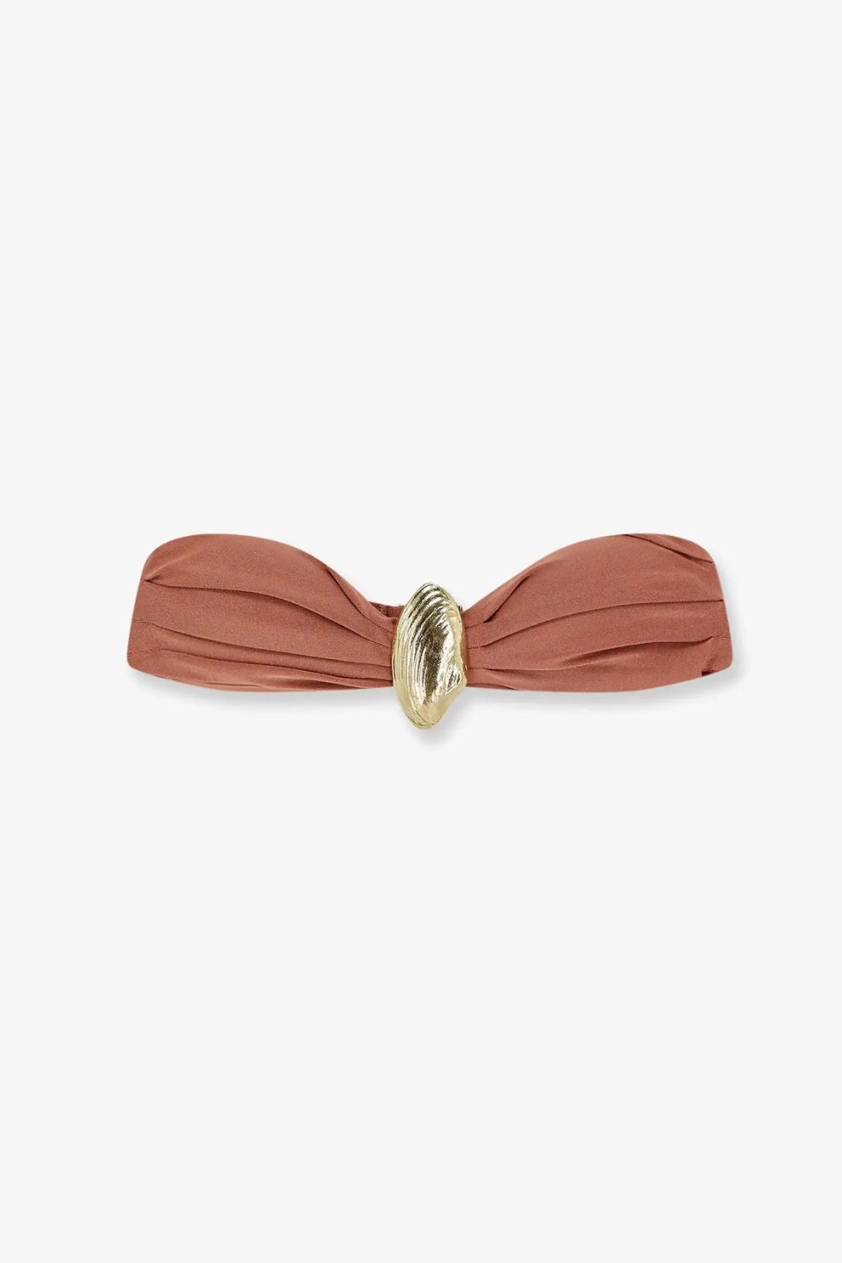 Patbo women’s orange lycra bikini top with terracotta ribbed fabric and gold-toned shell-shaped clasp