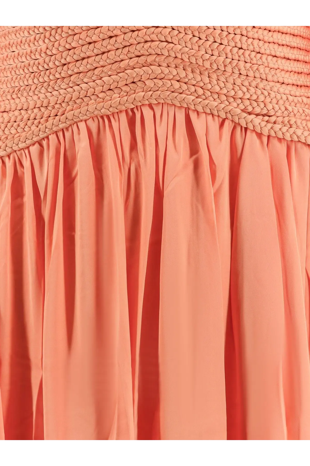 Patbo women’s satin sunset long dress in coral with woven textured bodice and flowing ruffled skirt