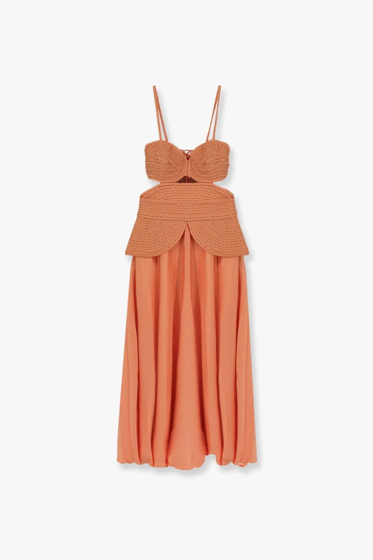 Patbo women’s satin sunset midi dress in peach with crocheted bodice peplum thin straps and flowing chiffon skirt