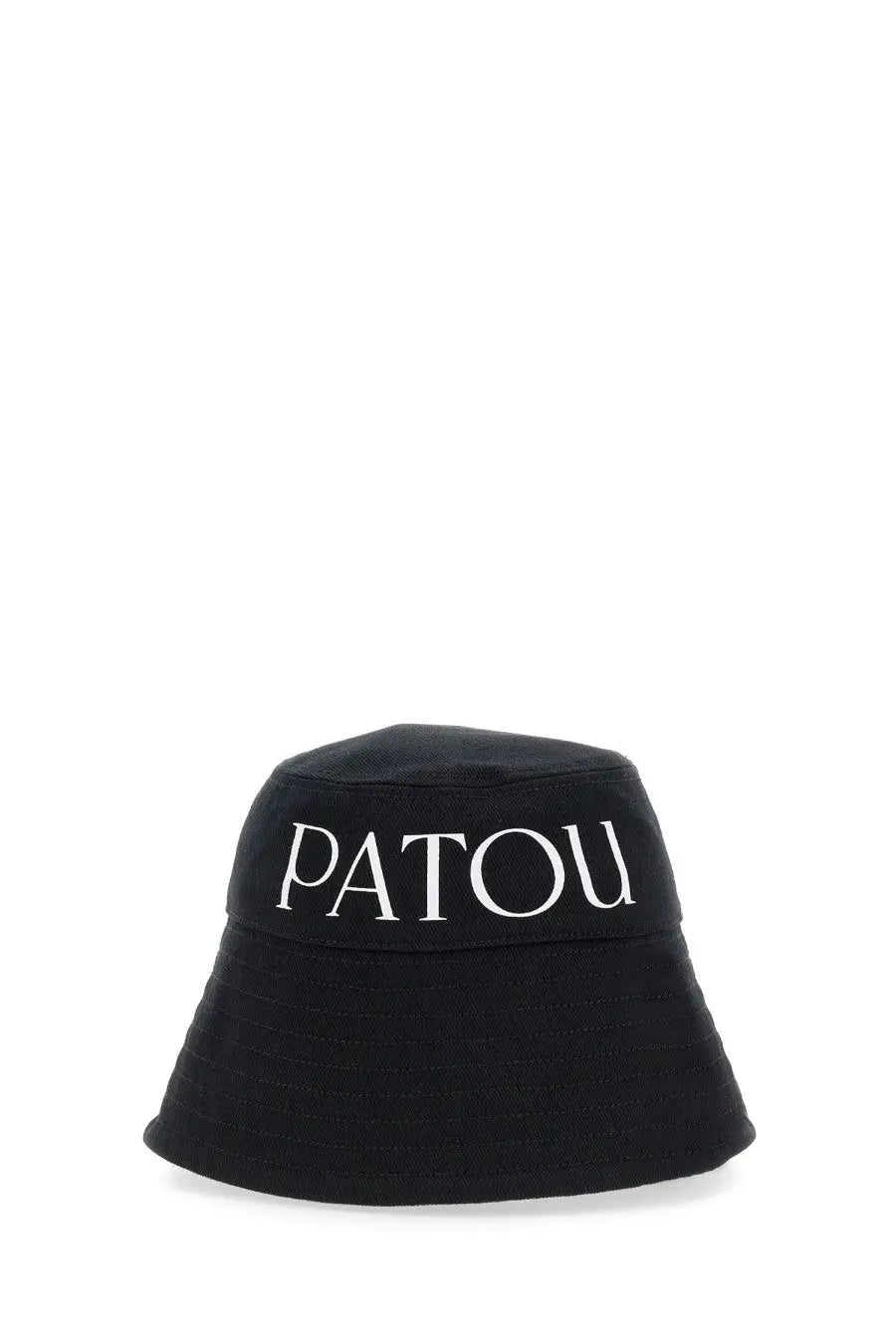 Black patou women’s bucket hat featuring bold white embroidered lettering on front in soft fabric