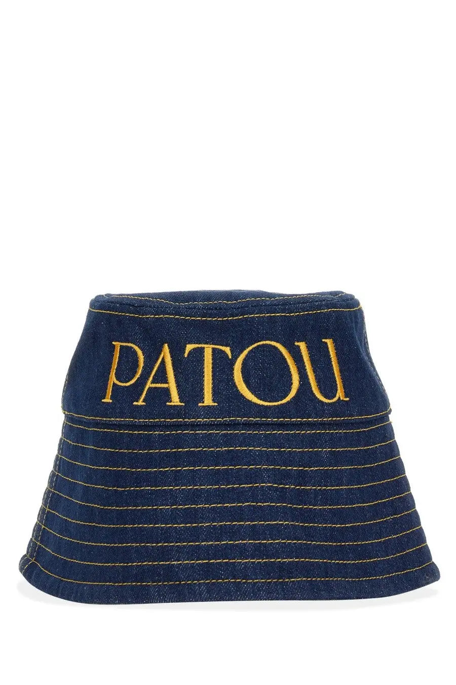 Navy blue denim patou women’s bucket hat with gold embroidered logo and matching stitching for casual wear