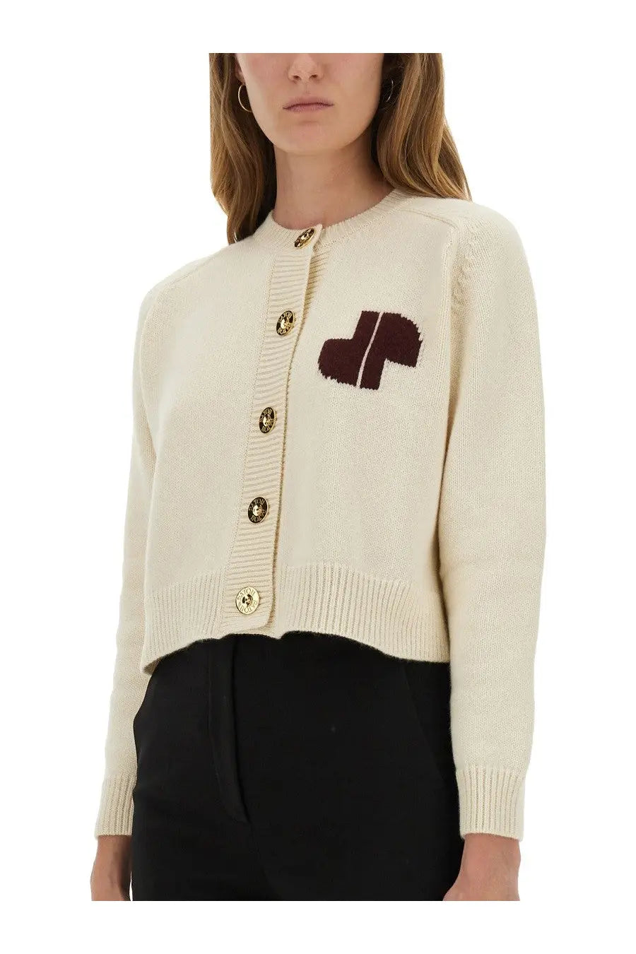 Patou women’s beige knit cardigan with cream color, dark brown embroidered logo, and gold-toned buttons on chest