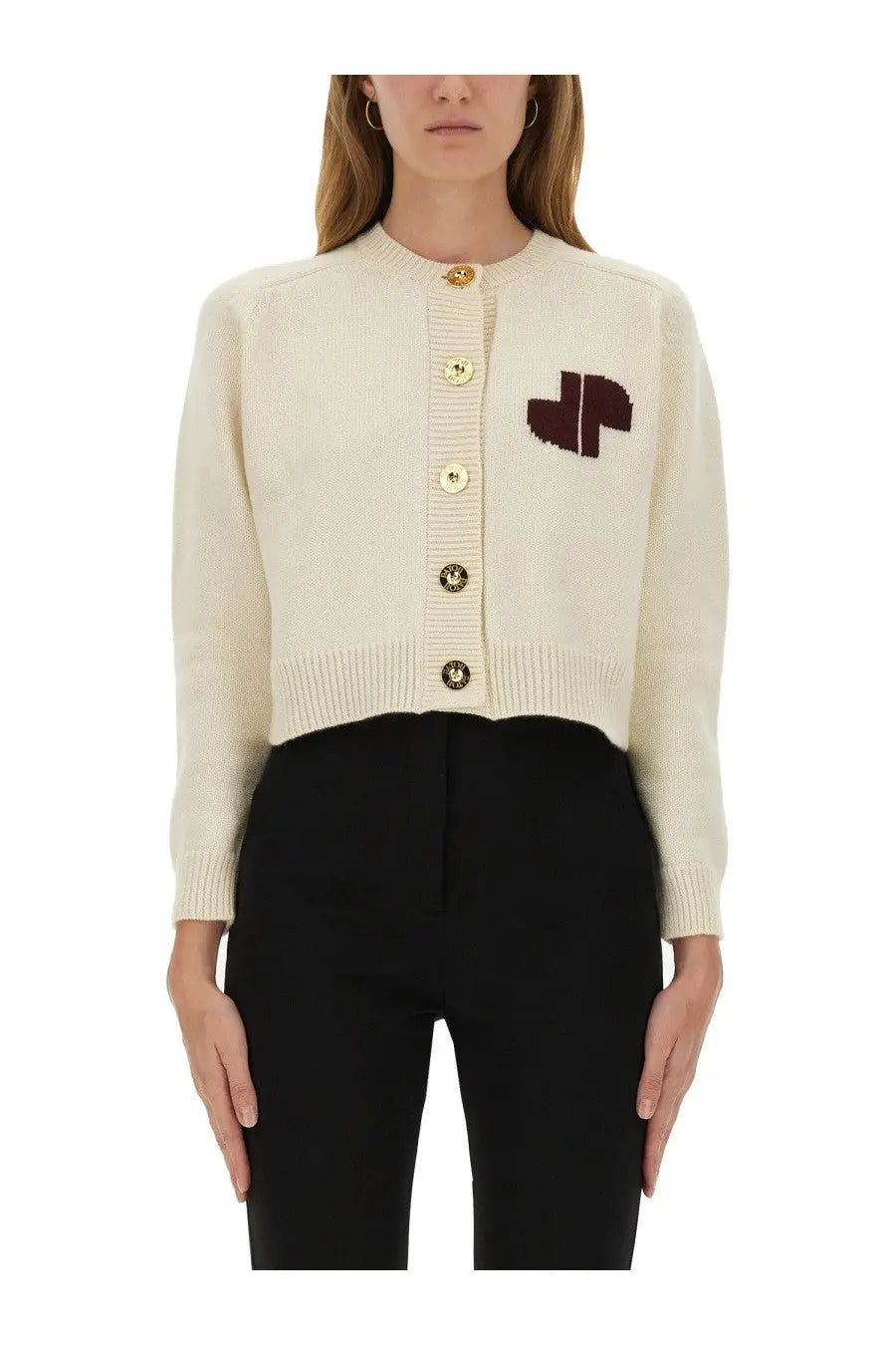 Patou women’s beige knit cardigan with gold-tone buttons and dark brown embroidered logo on left chest
