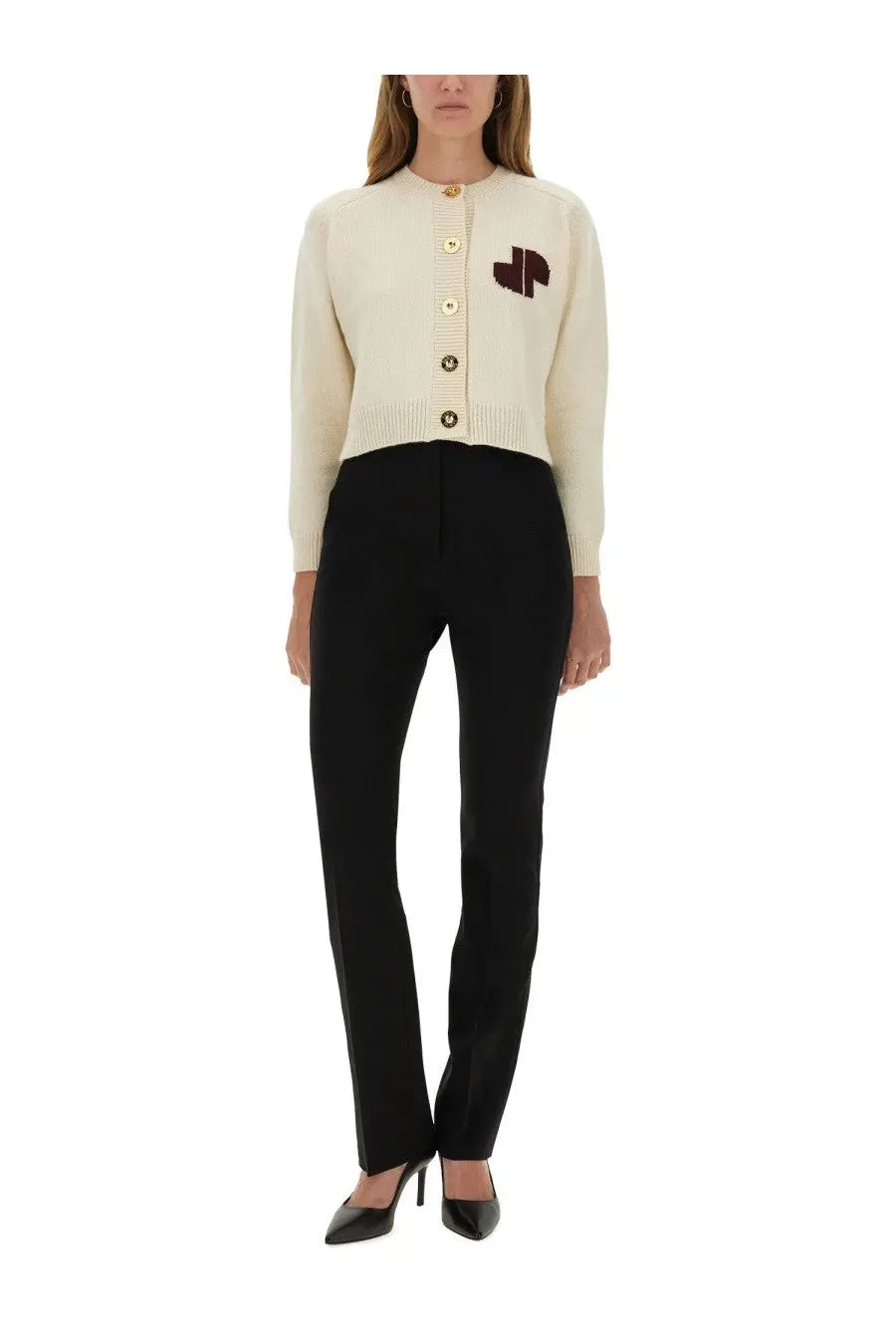 Patou women’s beige cream-colored knitted cardigan with gold-tone buttons and dark brown embroidered chest logo