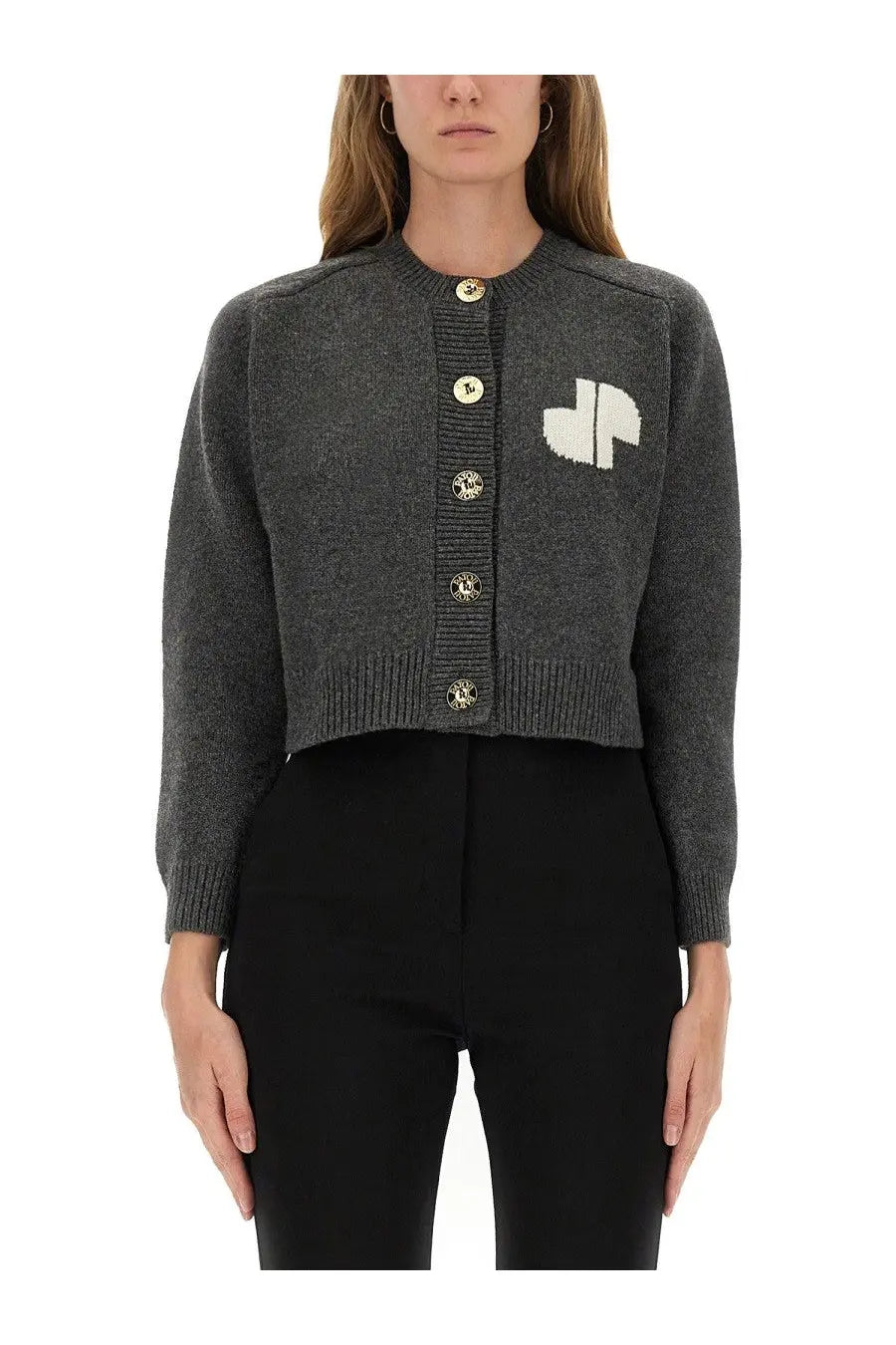 Patou women’s grey knit cardigan with white embroidered logo and gold-toned buttons in textured fabric