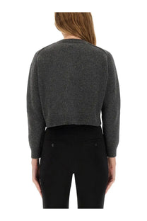 Patou women’s cardigan grey dark gray textured knit cropped sweater with ribbed cuffs and hem