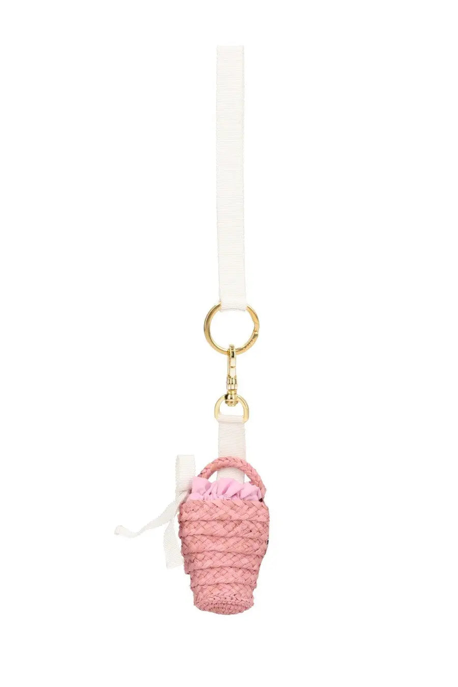 Pink woven basket charm with white ribbon handle and gold-tone ring attachment for patou women’s charm bucket blue