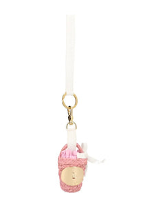 Pink woven straw baby shoe keychain with gold-tone metal plate and white ribbon tie for patou womens charm bucket blue