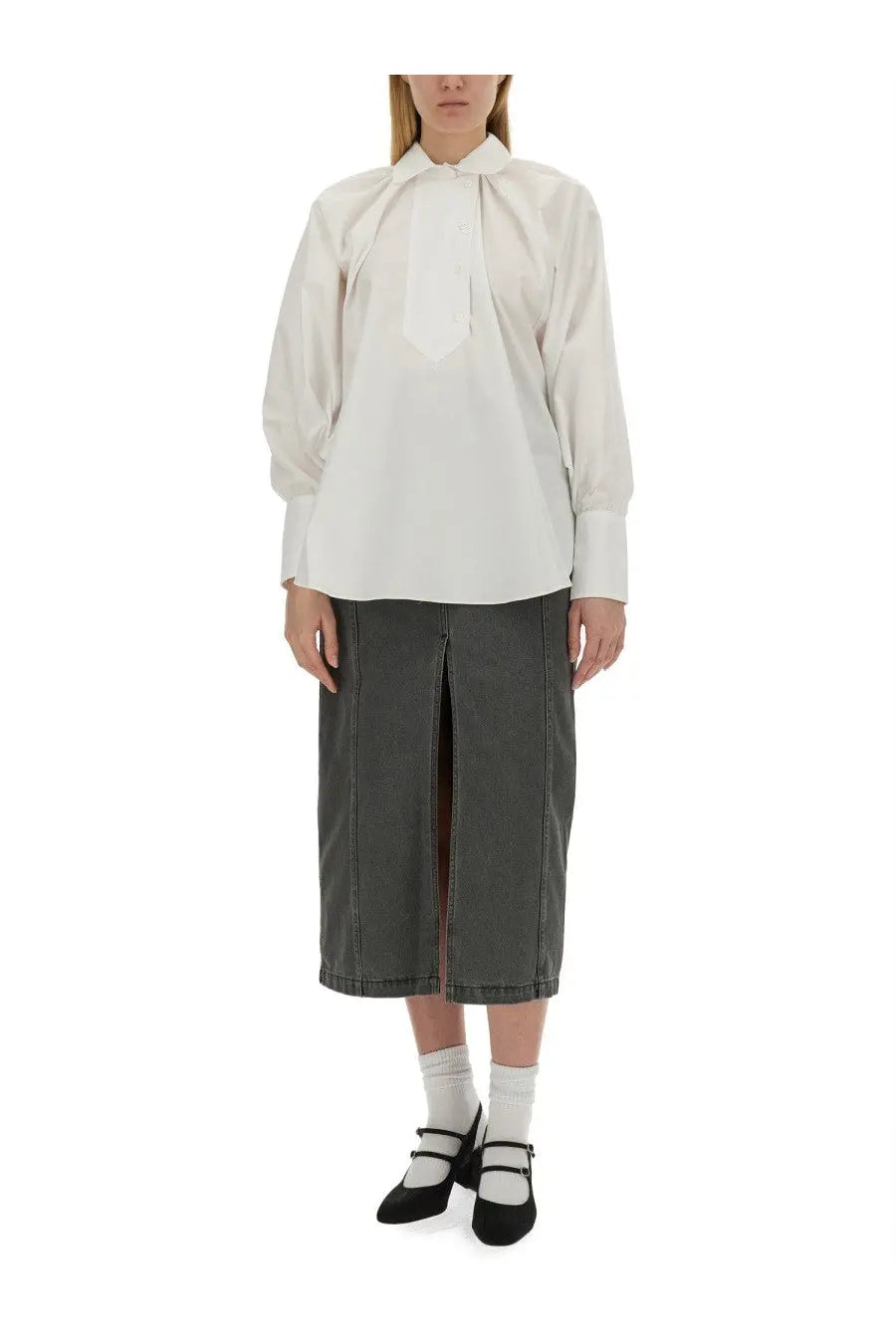 Patou women’s white cotton blouse with long sleeves, tie-front design, and subtle pleats at the neckline