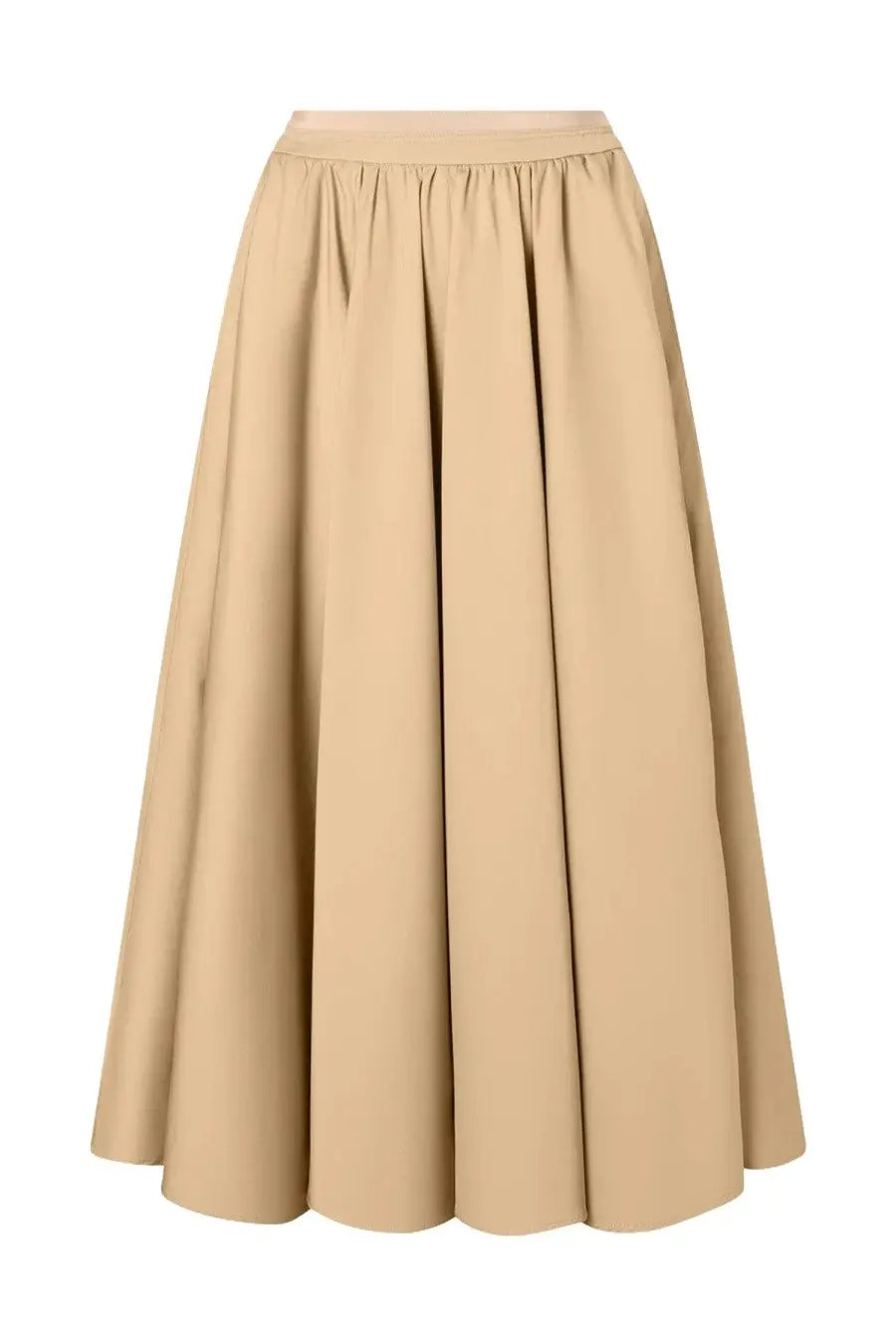 Patou women’s beige A-line midi skirt made from lightweight cotton fabric with gentle pleats at the waistband