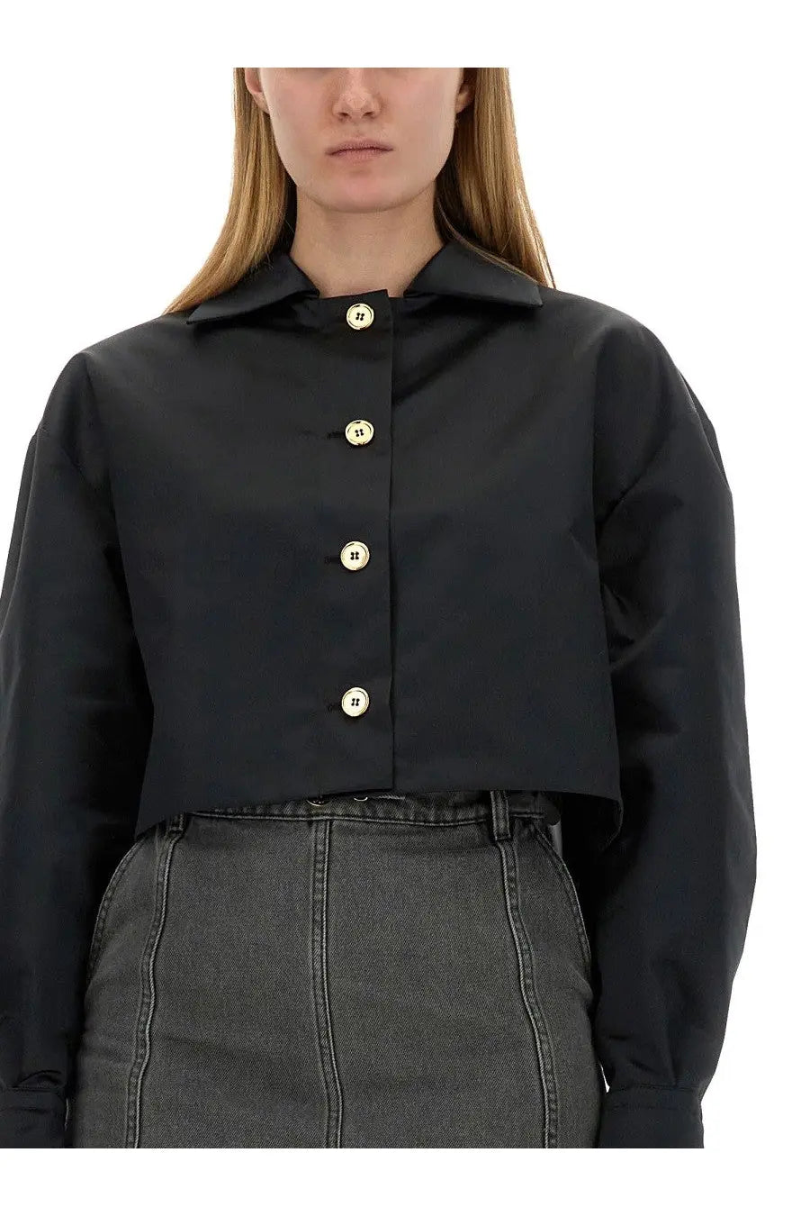 Patou women’s black cropped fit jacket with gold-tone buttons in a button-up shirt style