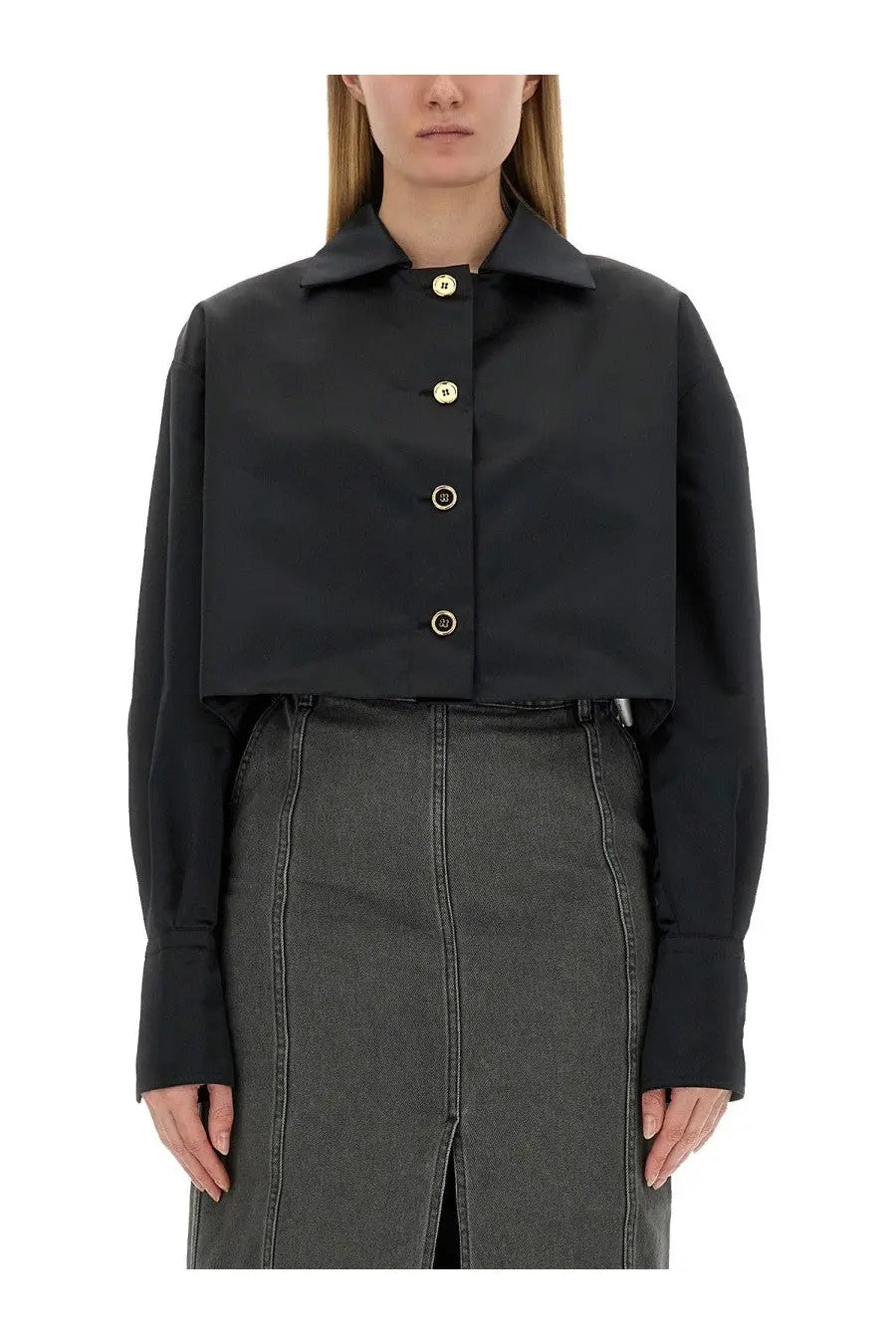 Patou women’s black cropped fit jacket with gold-tone buttons and button-up front design