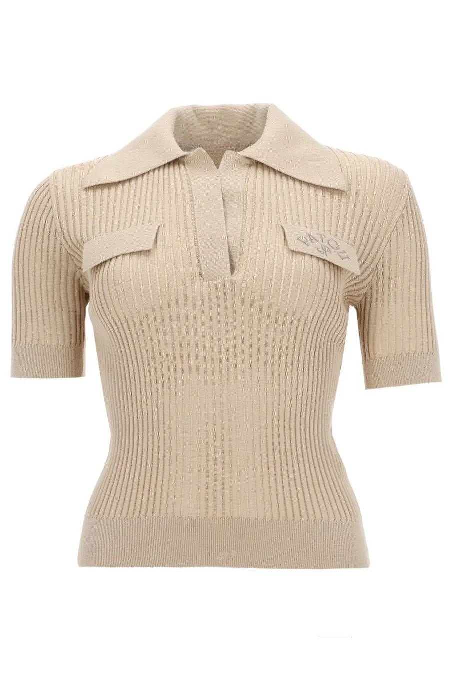 Beige ribbed knit cotton polo top with short sleeves and front patch pocket by Patou women’s embroidered shirt