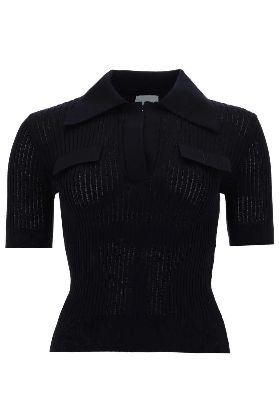 Black ribbed knit polo top with short sleeves and two front patch pockets perfect for casual wear