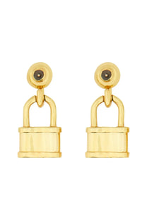 Patou women’s extra small gold earrings in a padlock shape with a small dark gemstone on the top circular part