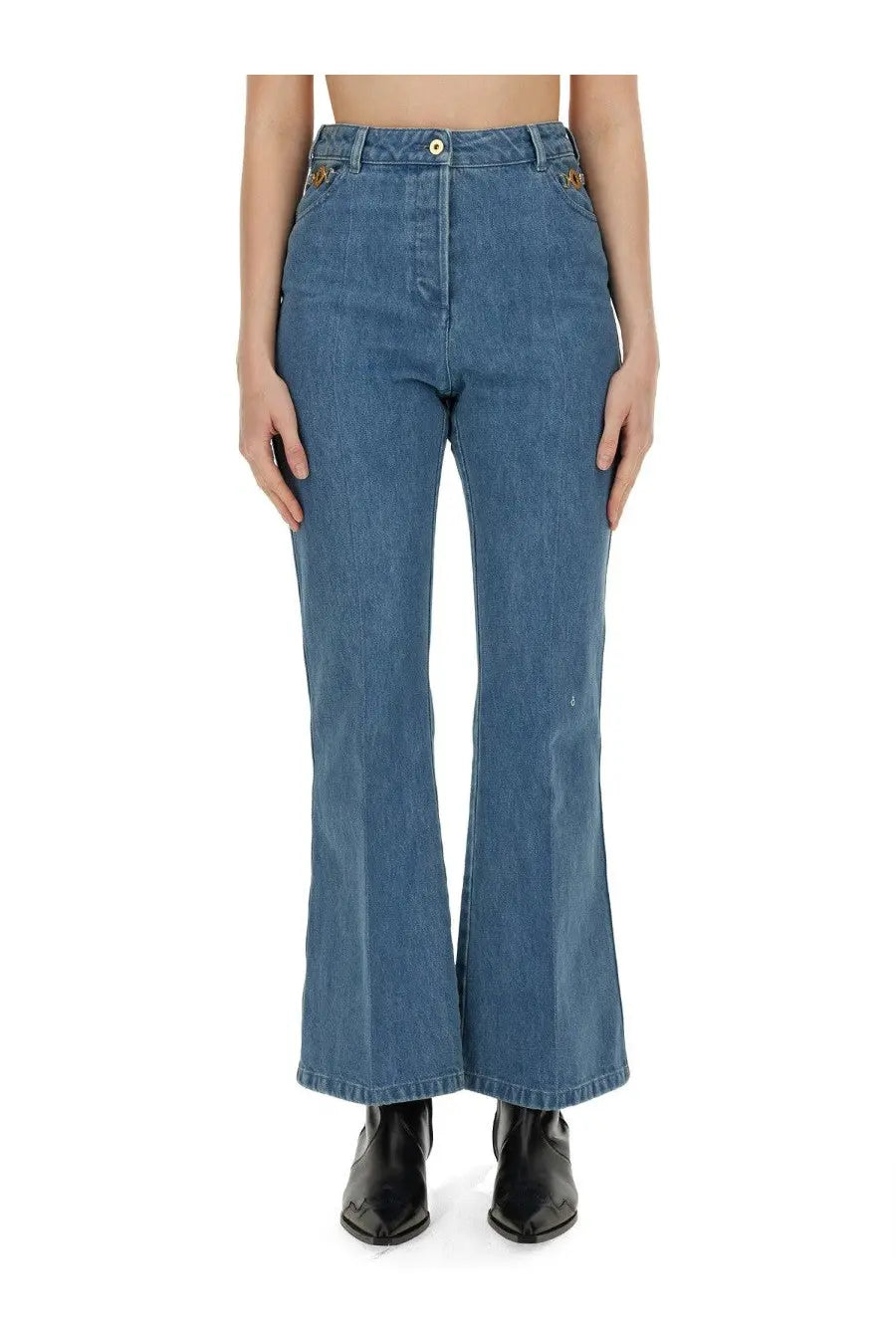 Patou women’s blue high-waisted denim flare jeans with gold-tone button closures