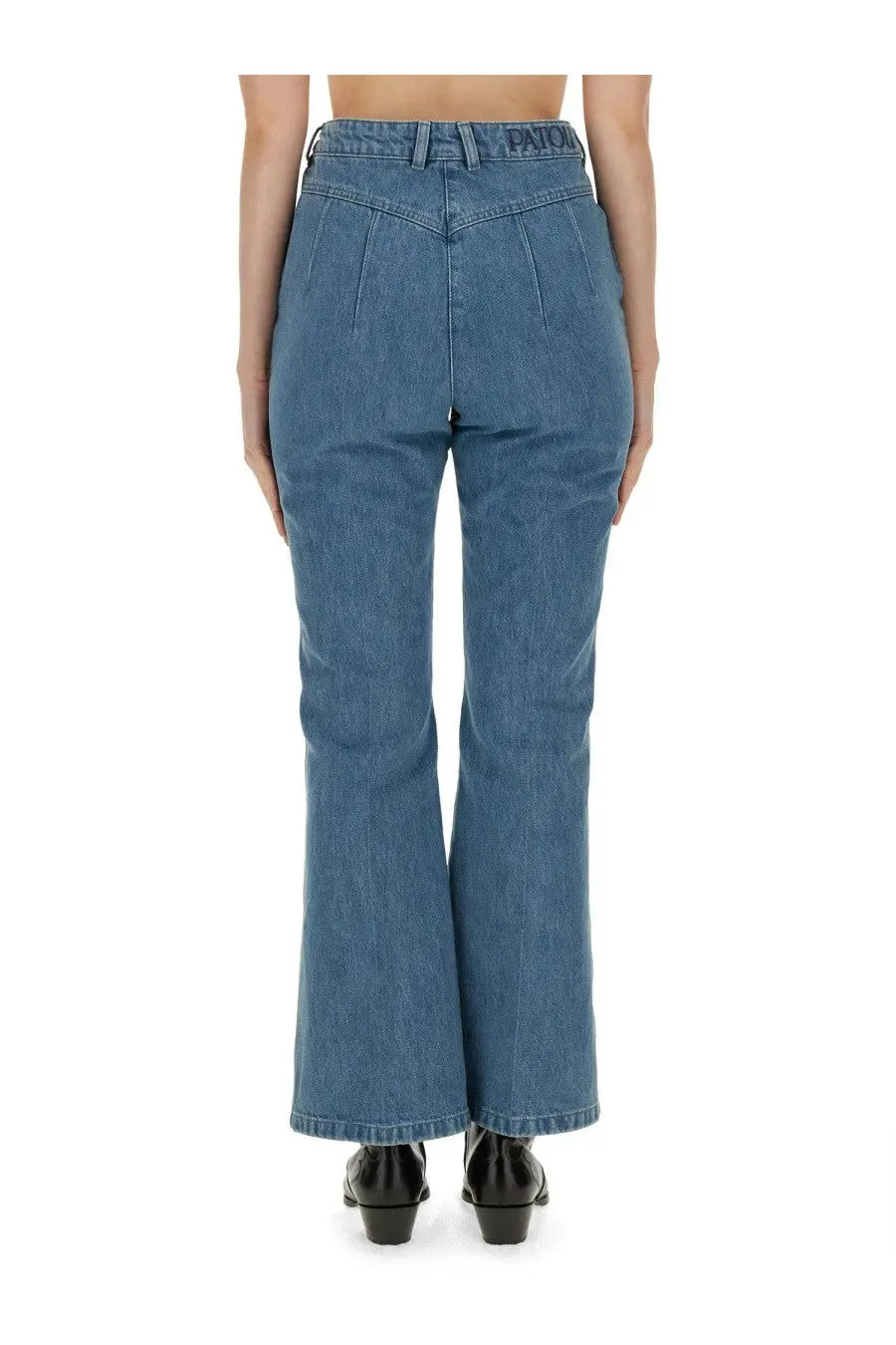 Blue denim high-waisted flare fit jeans with subtle pleated back design and patto embroidery on waistband back view