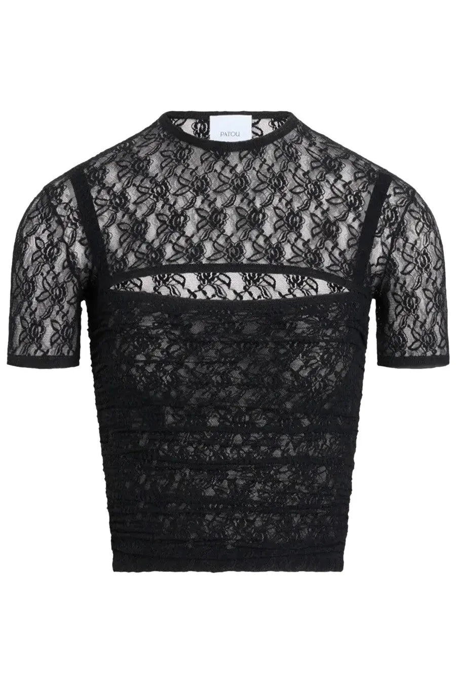 Patou women’s black lace crop top with floral pattern and short sleeves in delicate lace material