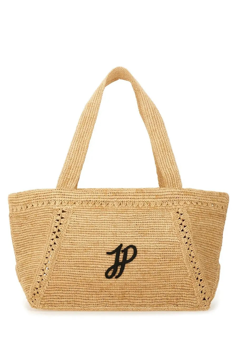 Beige woven straw patou women’s large trapeze tote bag with black embroidered monogram on front
